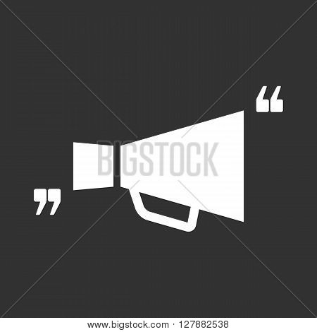 Vector icon with quote and megaphone. Black mark and bullhorn symbol. Feedback form template. Business dialog pictogram. Isolated comma design.