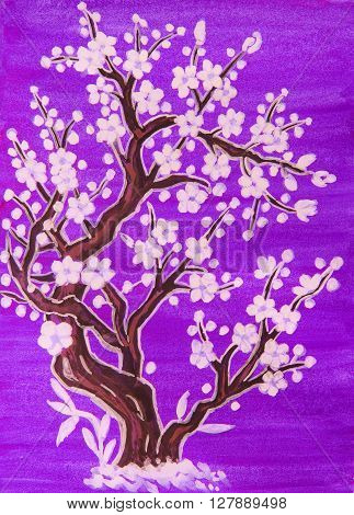 White tree in blossom in traditions of old Chinese art painting gouache on watercolor background.