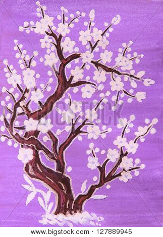 White tree in blossom in traditions of old Chinese art painting gouache on watercolor background.