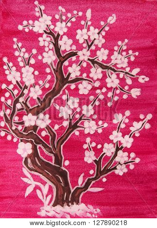 White tree in blossom in traditions of old Chinese art painting gouache on watercolor background.
