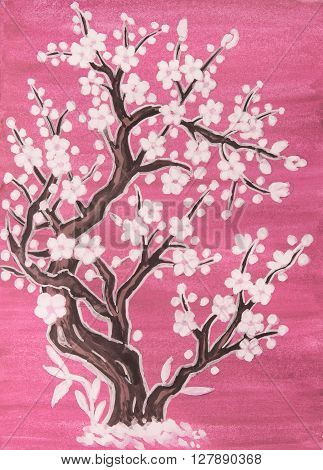 White tree in blossom in traditions of old Chinese art painting gouache on watercolor background.