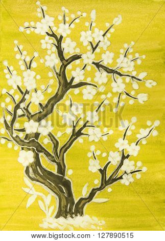 White tree in blossom in traditions of old Chinese art painting gouache on watercolor background.