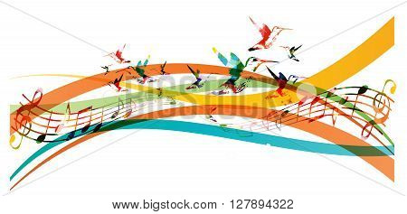Colorful background with music notes and hummingbirds