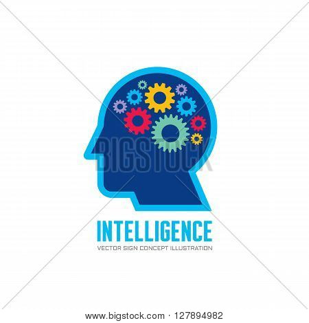 Human head and brain process - vector logo concept illustration in flat design style. Human head with gears. Vector logo template.