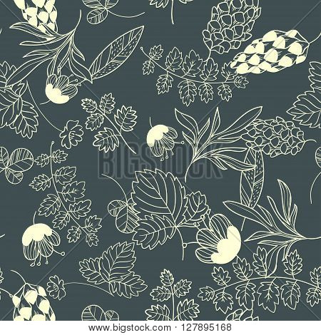 Summer forest. vector seamless pattern with forest herbs and cones