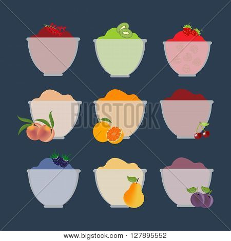 Fruit berry jam. Pear orange kiwi cherry peach plum strawberry. Vector illustration