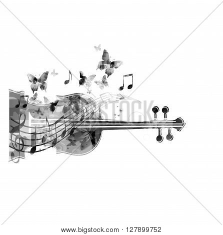 Vector illustration of black and white violoncello with hummingbirds