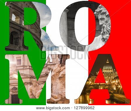 Rome collage of different famous locations and  glag of italia on the background