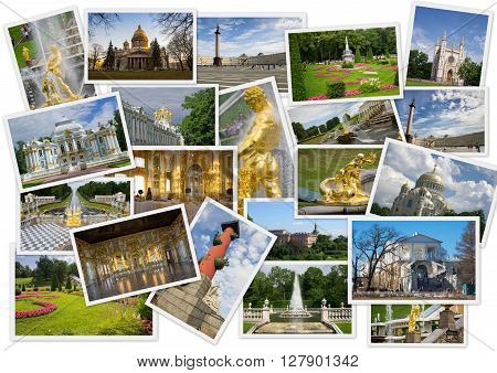 Sights of Saint-Petersburg in collage with several shots on white background