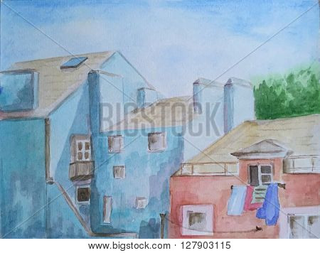 Watercolor hand-painted etude in blue houses and buildings, spring is coming to town, old european town roofs watercolor hand-painting, watercolor houses, blue watercolor painting, cozy town houses