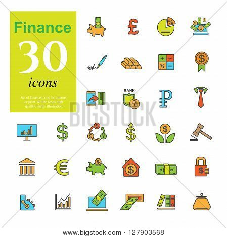 Set ot color finance icons for web or print. High quality icons, vector illustration.