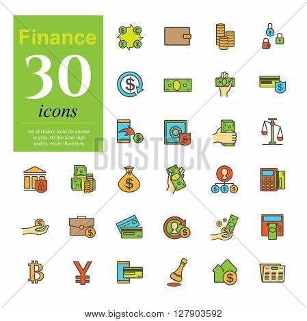 Set ot color finance icons for web or print. High quality icons, vector illustration.