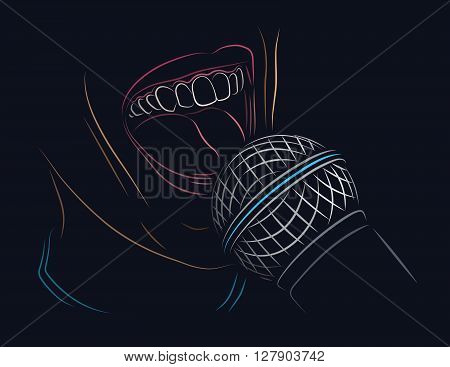 Singing into a microphone color line art illustration