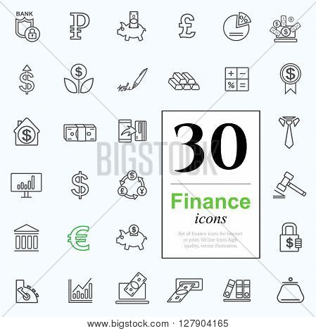 Set ot finance icons for web or print. High quality line icons, vector illustration.