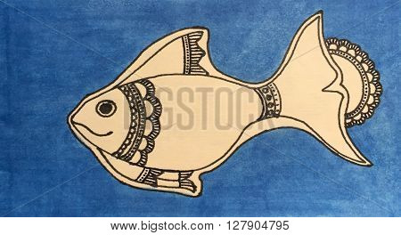 Hand-drawn doodle fish by ink pen on blue background