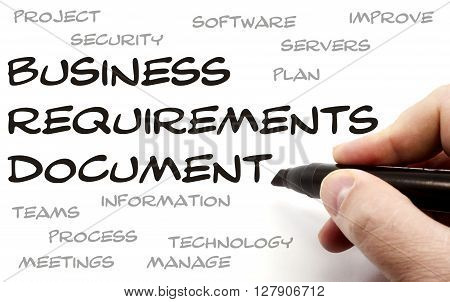 Business Requirements Document being hand written with great terms such as plan servers and more.