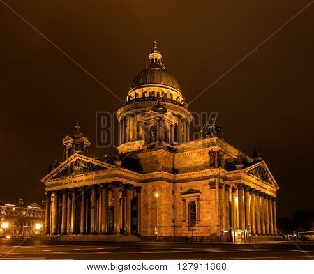 St Isaac Cathedral in Petersburg. Night Photography. View from the Hotel Angleterre.