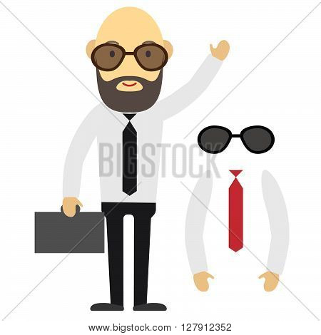 Flat designed businessman with beard, glasses and case.