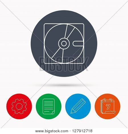 Harddisk icon. Hard drive storage sign. Calendar, cogwheel, document file and pencil icons.