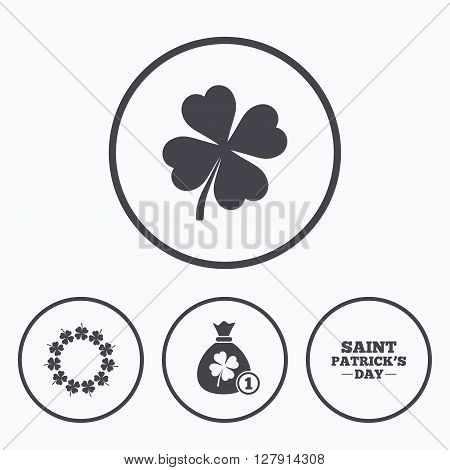 Saint Patrick day icons. Money bag with coin and clover sign. Wreath of quatrefoil clovers. Symbol of good luck. Icons in circles.