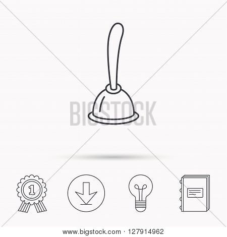Plunger icon. Toilet cleaning tool sign. Download arrow, lamp, learn book and award medal icons.