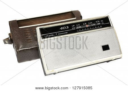 Old russian radio wirh bag isolated on white background