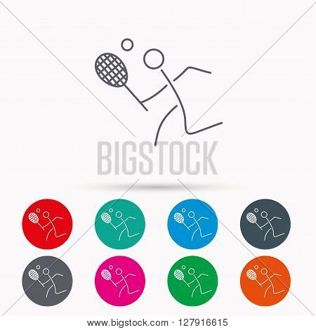 Tennis icon. Racket with ball sign. Professional sport symbol. Linear icons in circles on white background.