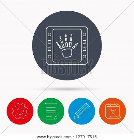 Hand X-ray icon. Human skeleton sign. Calendar, cogwheel, document file and pencil icons.