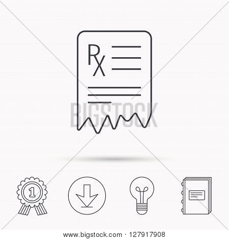Medical prescription icon. Health document sign. Download arrow, lamp, learn book and award medal icons.