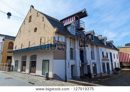 Valkenburg Netherlands - April 11 2016: historical watermill in the old town of Valkenburg. Valkenburg aan de Geul in the province Limburg is a popular tourist destination