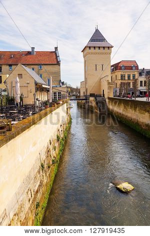 Valkenburg Netherlands - April 11 2016: city view with unidentified people in the old town of Valkenburg. Valkenburg aan de Geul in the province Limburg is a popular tourist destination