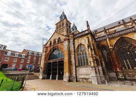 Maastricht Netherlands - April 11 2016: Basilica of Saint Servatius with unidentified people. The church is regarded as the oldest preserved church in the Netherlands