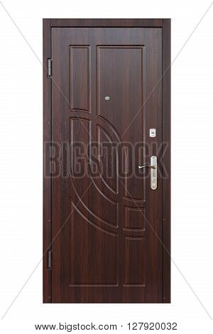 Closed wenge wooden door isolated at white background. Image of a closed door. Entrance to apartment. Dark brown wood, designed and textured front door with lock and handle. Modern Door design.