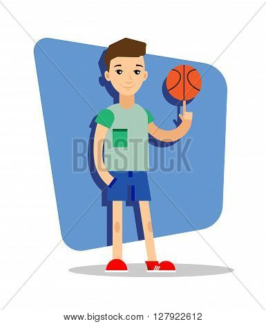 Flat basketball player - vector illustration. Basketball kid. Sportsmen playing basketball. Basketball player with ball in the hand.