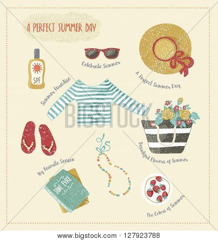Vector set of summer clip-art. Clothes and accessories such as summer hat, beach bag, step-ins, sunglasses, books and sunblock. Hand drawn and textured.