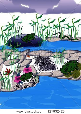 graphic depicting a rural landescape decorated with a frog