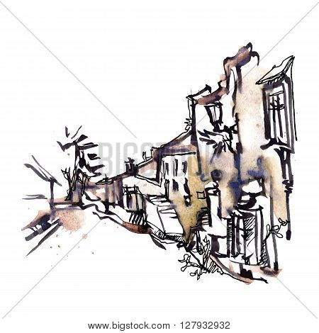 Hand drawn sketch of old street. Waterctolor painting. Vector illustration.
