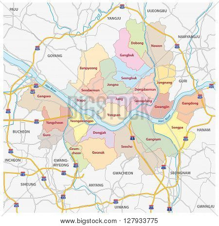 administrative and road map of south korea capital, Seoul