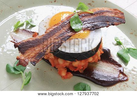 Bacon Egg Black Pudding Baked Beans Plated Meal