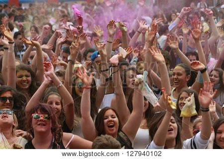 SOFIA, BULGARIA - June 20, 2015: Happy people during Festival of colours Holi.
