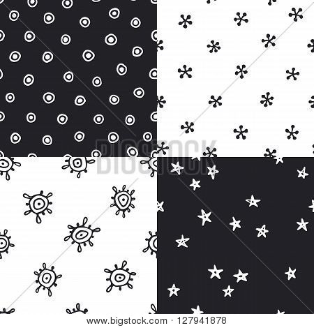 Four abstract backgrounds. Polka dot seamless pattern. Hand drawng stars.