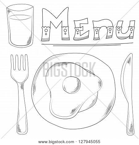 hand drawn sketch of eggs fork knife and glass