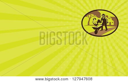 Business card showing illustration of an amish farmer wearing hat holding wheelbarrow with rooster on top set inside oval shape with tree and farmhouse in the background done in retro style.