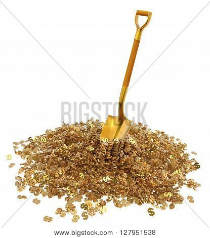 Mountain gold dollar with a gold shovel isolated on white background 3d illustration