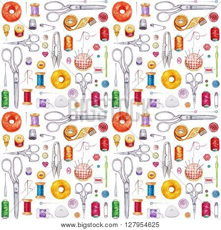 Seamless watercolor pattern of various sewing tools. Sewing kit accessories and equipment for sewing. Tools for needlework. Scissors buttons bobbins with thread and needles