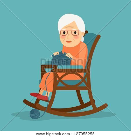 Granny knitting in her rocking chair. Vector illustration