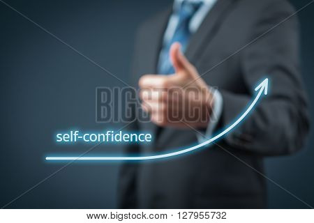 Self-confidence improvement concept. Businessman is satisfied with growing self-confidence.