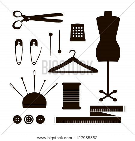 Set of tailor tools silhouette. Vector sewing items collection isolated on white