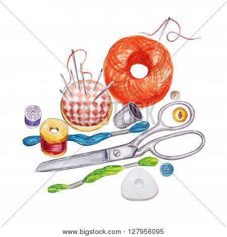 Various watercolor sewing tools. Sewing kit accessories and equipment for sewing. Tools for needlework. Scissors buttons bobbins with thread and needles