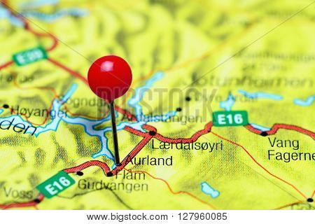 Aurland pinned on a map of Norway